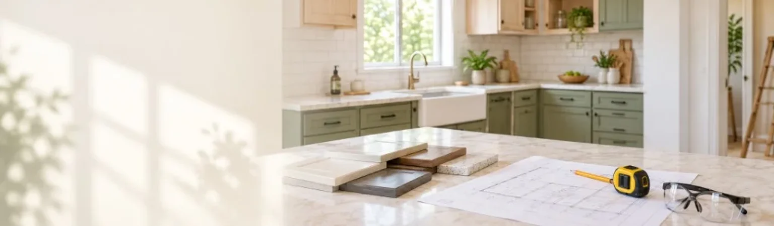 Kitchen remodel planning on an island with samples, drawings, and a tape measure